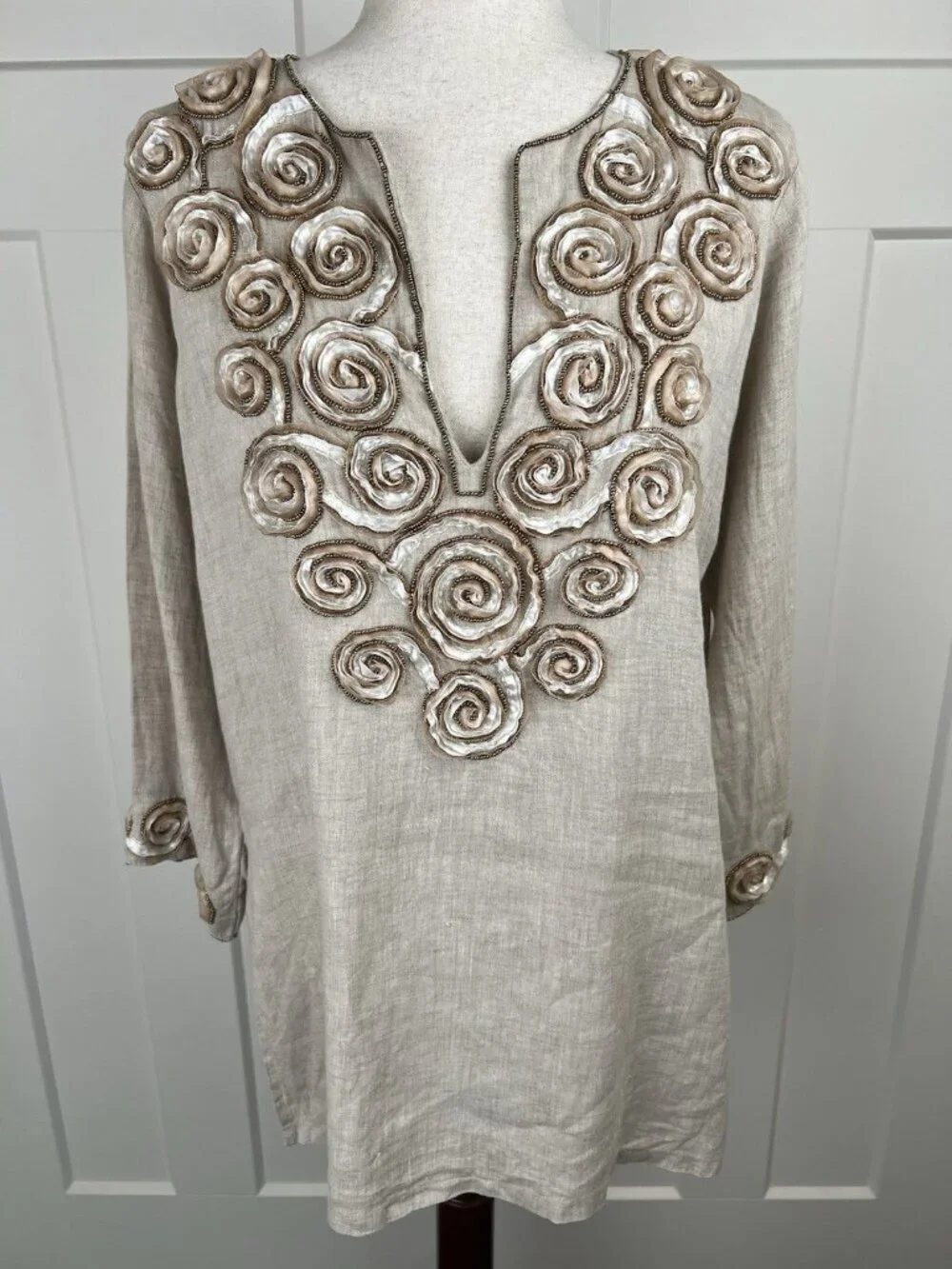 Key Lime & Pink Linen Tunic M Embellished Rosette Beaded Boho Top 3/4 Sleeve